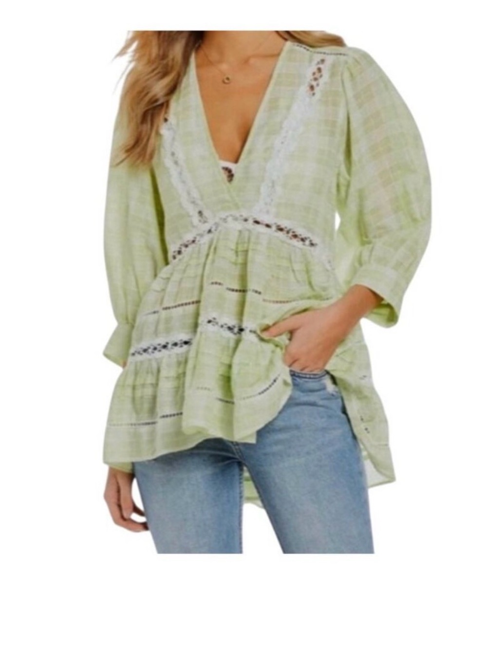 Free People small Time Out embroidered lace tunic puff sleeve top TLS1 3155